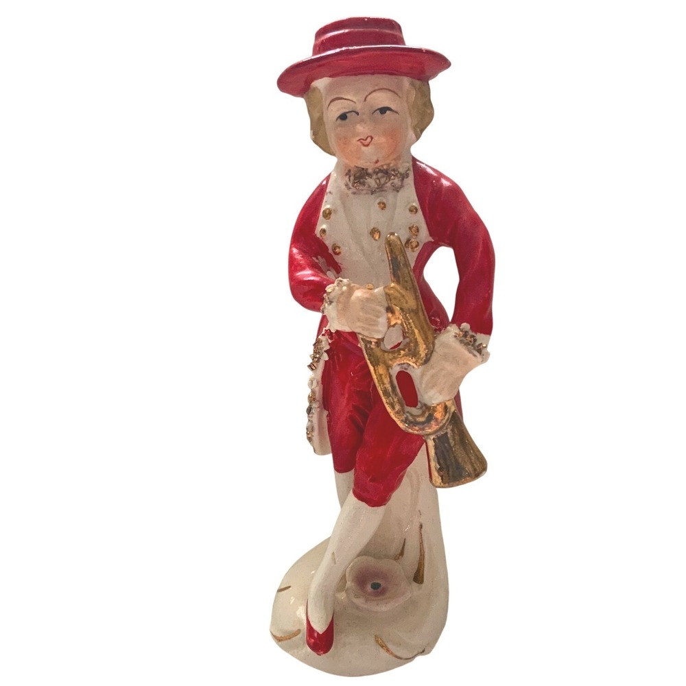 Vintage Japan Porcelain Musician Figurine Red Coat Gold Horn 1950s 60s 5.5"